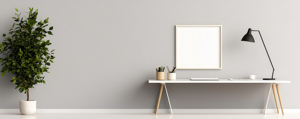 Aufkleber - minimalist home office featuring clutter free workspace, potted plant, and stylish lamp. neutral wall color enhances serene atmosphere