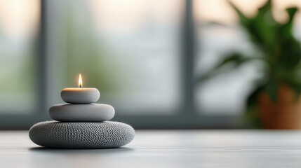Aufkleber - serene meditation space featuring stacked stones and lit candle, creating calming atmosphere with soft lighting and cozy feel. Perfect for relaxation and mindfulness