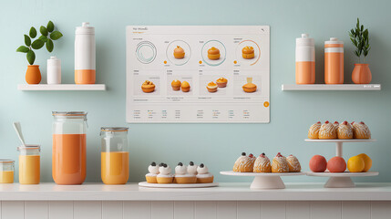 Aufkleber - modern kitchen display featuring colorful pastries, jars, and digital interface. scene combines vibrant colors and clean aesthetic, creating cheerful atmosphere