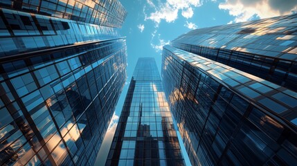 Aufkleber - Modern skyscrapers reflecting blue sky and clouds on a sunny day