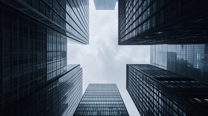 Aufkleber - Modern skyscrapers creating a geometric pattern against a cloudy sky from a low angle view