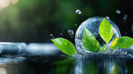 Aufkleber - transparent sphere with water and green leaves, creating serene atmosphere. scene captures essence of nature and tranquility, with droplets enhancing freshness