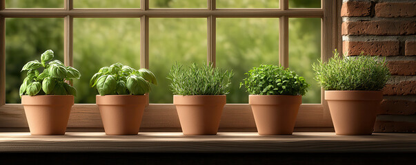 Wall Mural - variety of organic herbs like basil, thyme, and rosemary in pots on windowsill, showcasing vibrant green foliage and natural light