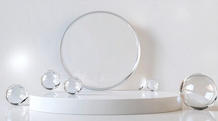 Poster - 3d rendering of a round white podium featuring clear crystal balls and a glass enclosure