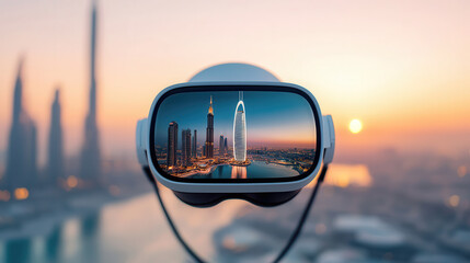 Poster - virtual reality headset displaying futuristic city skyline at sunset, showcasing advanced technology and urban architecture. scene evokes sense of innovation and exploration
