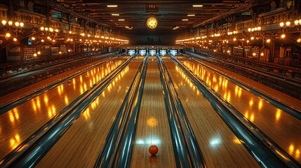 Wall Mural - A vibrant bowling alley with glowing lights and a lone orange ball in the foreground, showcasing a lively atmosphere