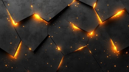 Wall Mural - Glowing cracks form in a dark, textured surface with sparks, abstract digital art