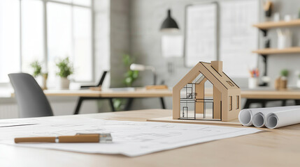 Aufkleber - workspace filled with unfinished building model, architectural plans, and design tools creates productive atmosphere for creativity and innovation