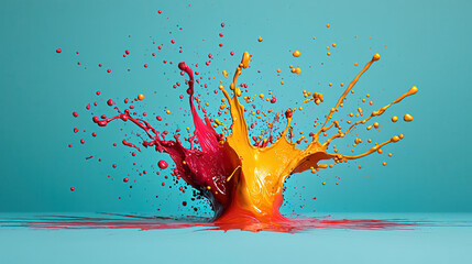 Poster - Dynamic liquid paint splash creating vibrant colors on blue background, showcasing abstract art concept that evokes energy and creativity