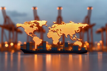 Poster - Digital world map on cargo ship, symbolizing global trade and shipping. illuminated map highlights trade routes, showcasing importance of maritime logistics