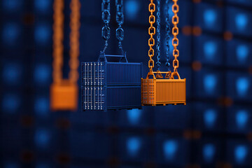 Aufkleber - Hanging shipping containers in blue and orange colors, suspended by chains, create striking visual against dark background, symbolizing logistics and supply chain management