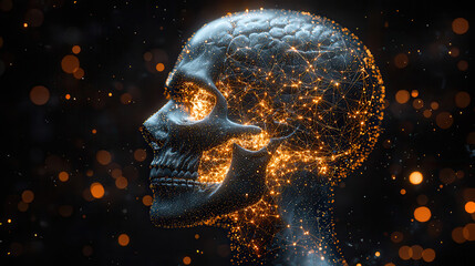 Leinwandbilder - elegant black and white X ray image of human skull, showcasing intricate details and mesmerizing network of light. This artistic representation evokes sense of wonder and curiosity