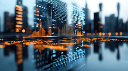 Poster - Futuristic urban waterfront scene with digital data visualization and reflections. vibrant colors and modern architecture create dynamic atmosphere