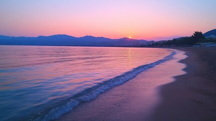 Wall Mural - Serene sunrise over calm ocean beach with mountains.