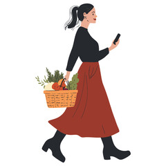 Sticker - Woman walking basket illustration cartoon vector