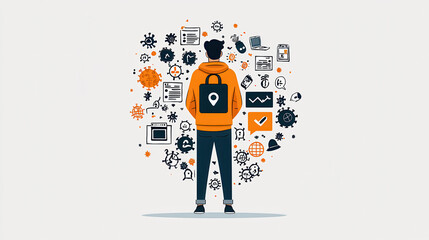 Aufkleber - Digital security breach illustration featuring hacker with backpack, surrounded by icons representing data, technology, and cybersecurity threats