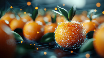 Aufkleber - Digital twin model of oranges with neural network visualization, showcasing exotic fruits in futuristic setting. vibrant colors and intricate details create captivating scene