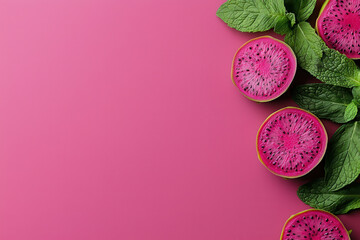 Aufkleber - Sliced dragon fruit with vibrant pink flesh and fresh mint leaves on pink background create refreshing and exotic visual