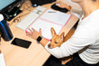 © Alvaro Lavin/Stocksy - Small dog sleeping on the arm of a woman working from home
