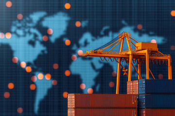Poster - Global shipping port with crane and containers against world map background. vibrant colors and intricate details highlight importance of international trade