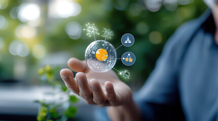 Aufkleber - person holding futuristic hydrogen molecule with icons representing energy and science. setting is bright and green, symbolizing innovation and sustainability
