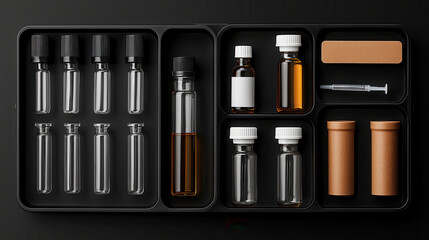 Aufkleber - Organized laboratory setup featuring glass vials, syringes, and containers, creating serious atmosphere for scientific work