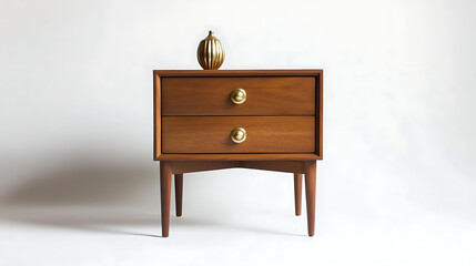 A wooden nightstand with two drawers and a gold vase on top