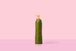 © Yaroslav Danylchenko/Stocksy - Wet cucumber with dried flower on top over pink background