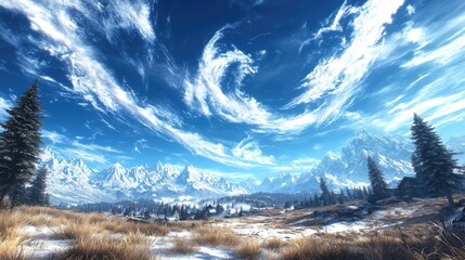 Winter mountain landscape, snowy valley, clear sky, idyllic scene, perfect for travel brochures