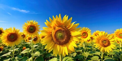 Wall Mural - Field of vibrant yellow sunflowers standing tall under clear blue sky, nature, flowers, summertime, agriculture, scenic, bright, sunny