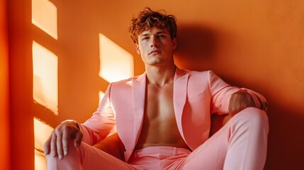 A confident and stylish remote work consultant in a pink business suit posing in an studio setting  The image conveys a modern creative and professional concept for remote work