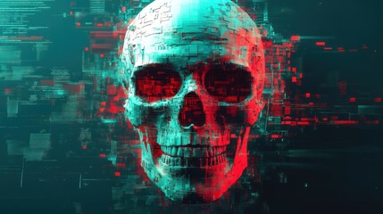 Glitching skull with digital code.