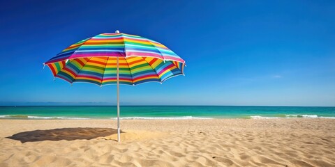 Wall Mural - Colorful striped beach umbrella providing shade at a sandy summer beach, beach, umbrella, summer, colorful, striped