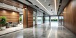 © DigitalArt Max - Modern Office Corridor with Polished Concrete Floor, Glass Walls, Wooden Paneling, and Blank Sign for Contemporary Business Settings, Interior Design Inspiration, and Workplace Aesthetics