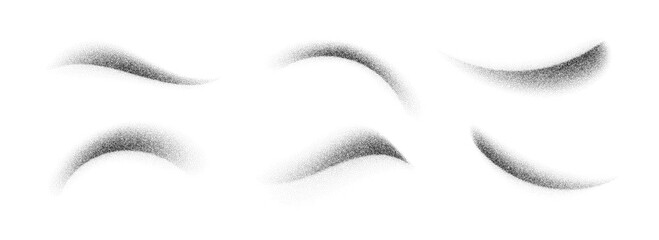 Stippled curved brush stroke set. Wavy grainy spray element collection. Black flowing sand splashes pack. Dotted noise gradient shades bundle. Splattered dust particle texture waves. Vector