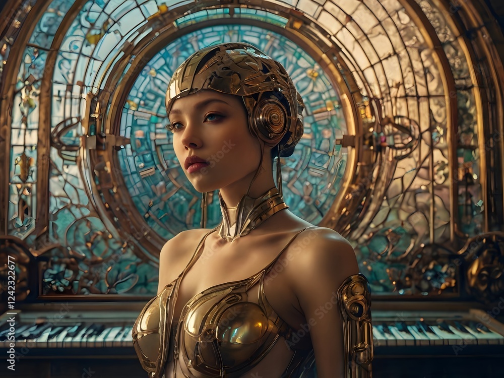 Cyberpunk Muse: A captivating portrait of a female cyborg, adorned in ...