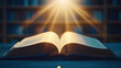 © Keopaserth - radiant open book illuminated by soft light, symbolizing knowledge and inspiration. warm glow enhances serene atmosphere of library setting