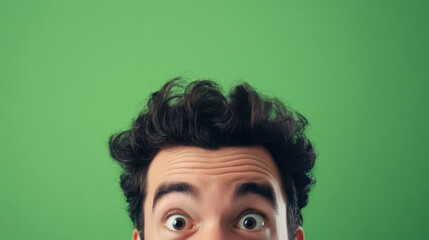 Wall Mural - Surprised man with curly dark hair peeking over green background, showcasing playful expression