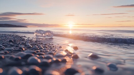 Wall Mural - Warm Sunset Beams Catching Ice Edges on Serene Beach Scene