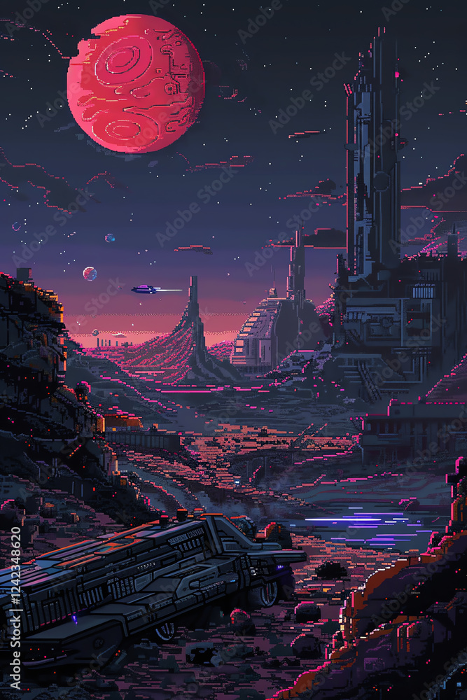 Create a pixel art scene of a spaceship crash-landed in a desolate ...