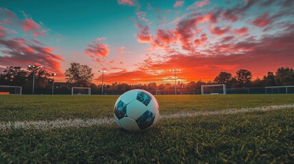 Wall Mural - Soccer ball on field at sunset.