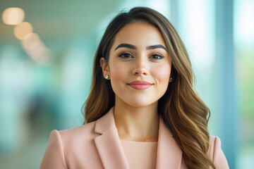 Canvas Print - Young professional woman smiling confidently in modern office environment, showcasing her professionalism and approachability