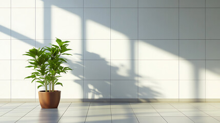 Wall Mural - Potted plant in sunlight by large window, casting shadows on tiled wall in minimalist interior.