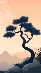 Wall Mural - enchanting dusk setting with silhouette of a twisted tree