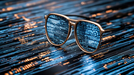 Wall Mural - Stylish glasses reflecting digital data on futuristic background