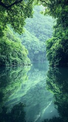 Wall Mural - Epic Tranquil View of Serene Lake Surrounded by Lush Green Forest