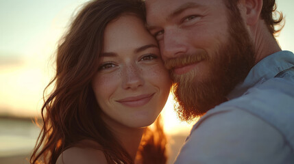 Wall Mural - Happy young couple in love, smiling and looking at the camera, generative AI