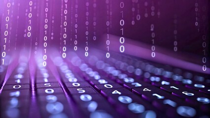 abstract digital matrix with binary code flowing over keyboard in purple and black tones