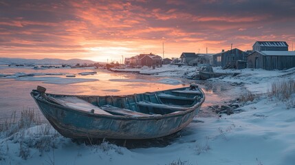 Wall Mural - Sunrise over a snowy fishing village with an old wooden boat on the shore.