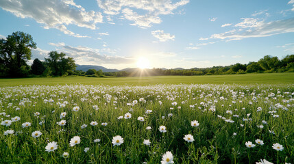 Wall Mural - serene morning with blooming flowers under bright sun in field